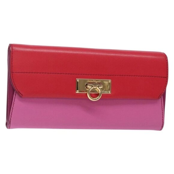 Salvatore Ferragamo Gancini Wallet Leather Pink Gold Auth gh253 - Picture 1 of 15